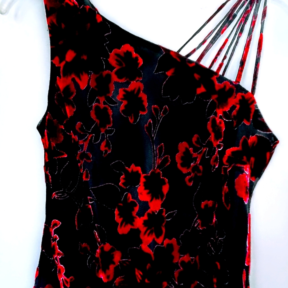 Full length black party dress with red velvet flowers, size 6, like new